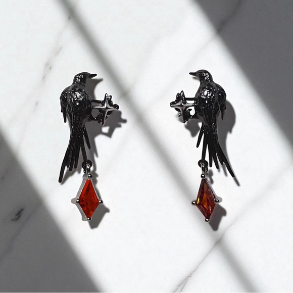“Raven” Edgar Poe Perched Crow Bird Star Blood Droplet Macabre Gothic Grim Studs - Picture 6 of 16